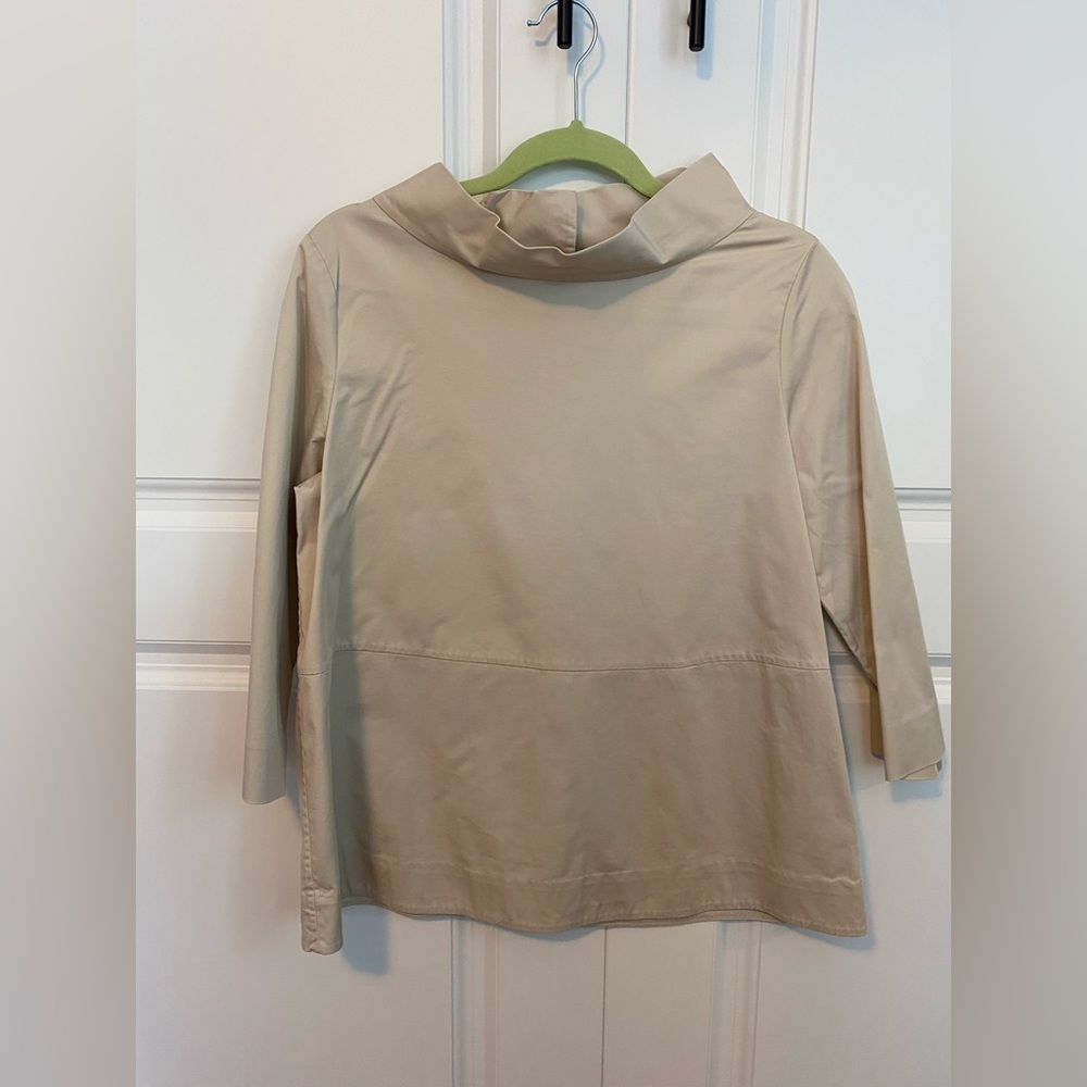 COS tan boxy wide neck 3/4 sleeve back button blouse